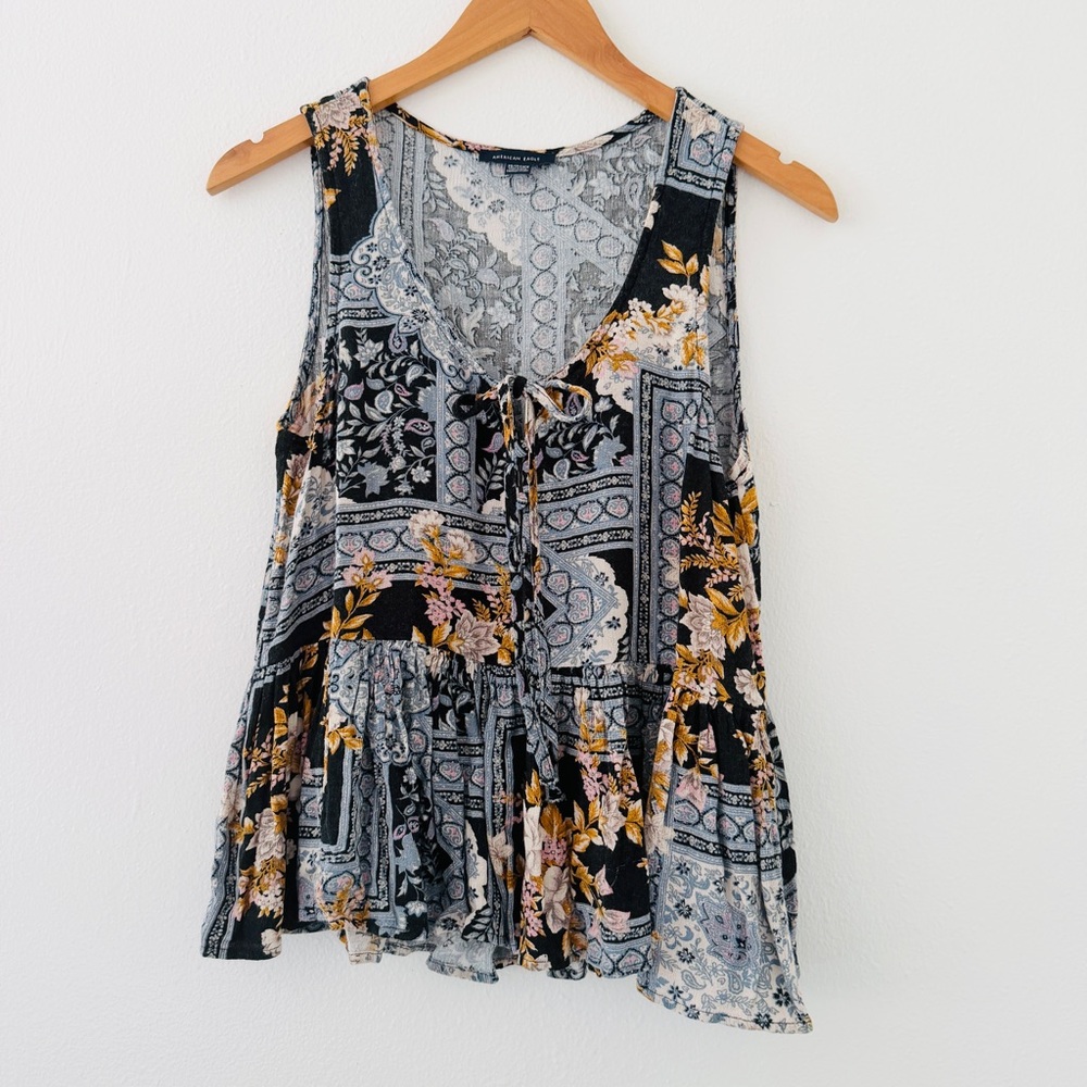 American Eagle Black Blue Yellow Floral Boho Tank Top